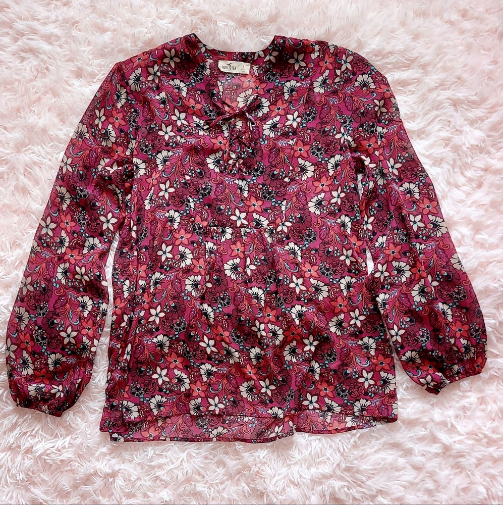 Hollister Floral Chiffon Baby Doll Blouse, Size Small